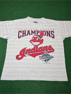 Vintage 90s Cleveland Indians T-shirt, Striped Guardians Baseball Browns (Large)